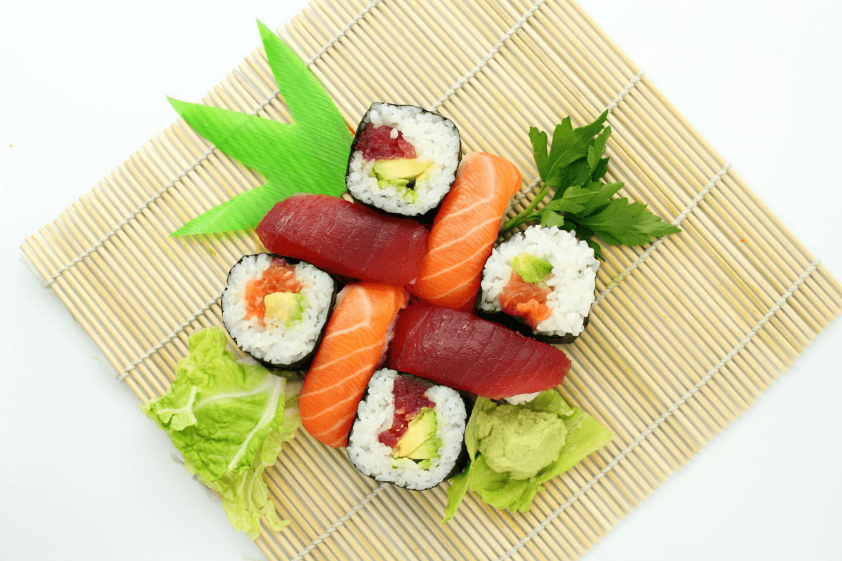 Japanese sushi on a bamboo mat