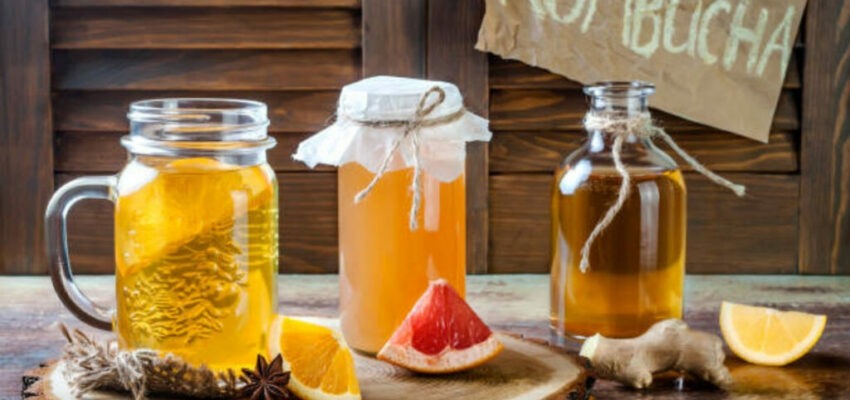 Kombucha fermenting in glass jars