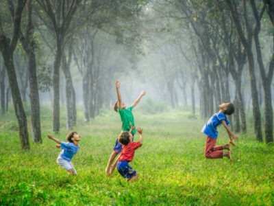 Four boys playing ball in a wooded area