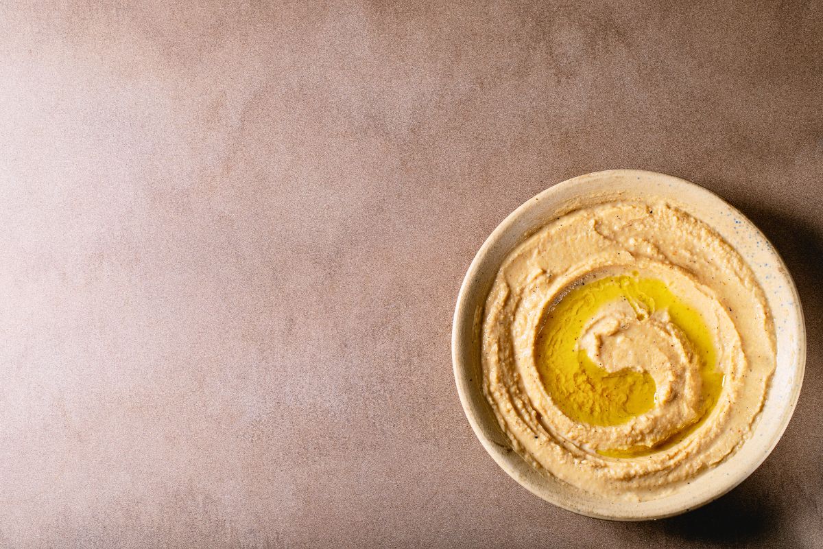 A bowl of hummus.
