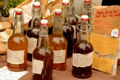 Organic apple cider vinegar in bottles
