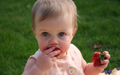 A baby starting to eat solid foods