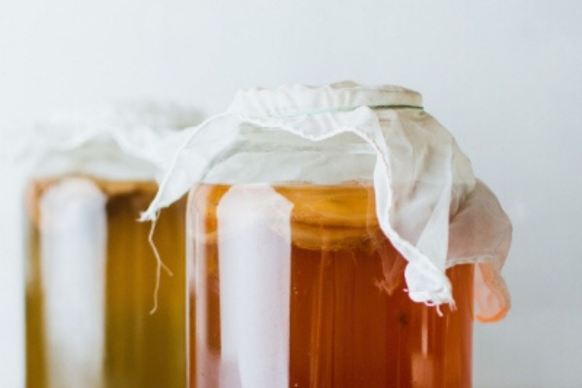 Two jars of home-brewed kombucha.