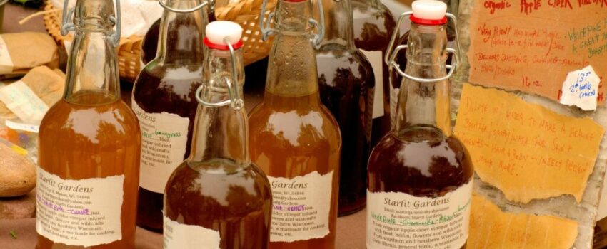 Bottles of apple cider vinegar.