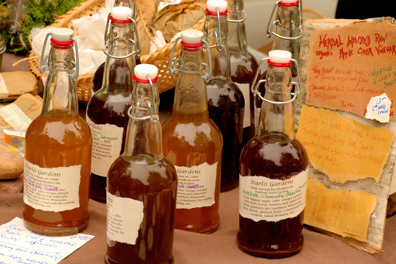 Bottles of apple cider vinegar.