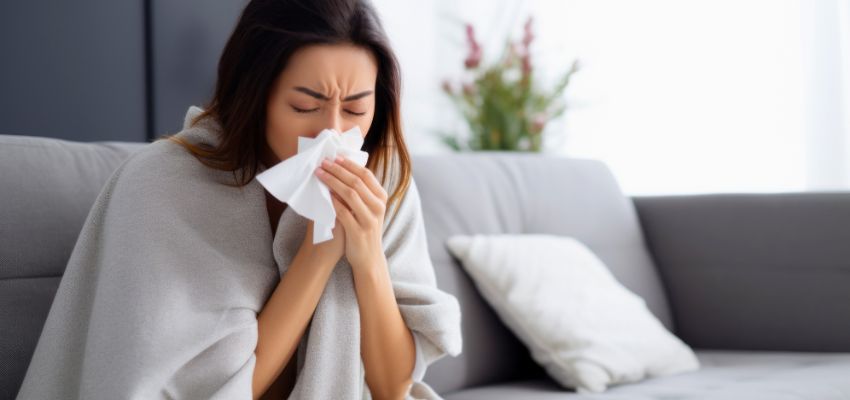 Woman with a runny nose showing common symptom of sphenoid sinus infection.