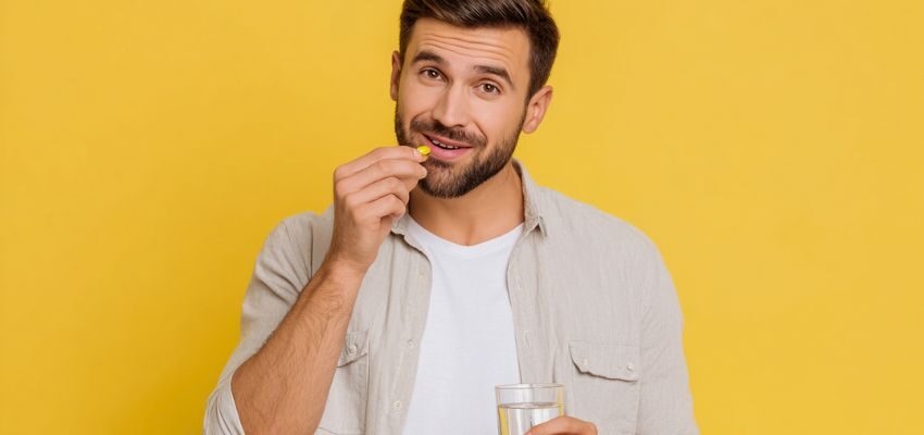 The man is taking a probiotic supplement to get rid of bad breath.