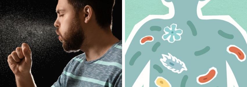 A person coughing with spray coming from the mouth beside an image of a cartoon body with bacteria graphics within.