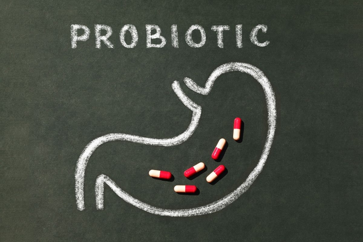 An illustration of a stomach with probiotics on it.