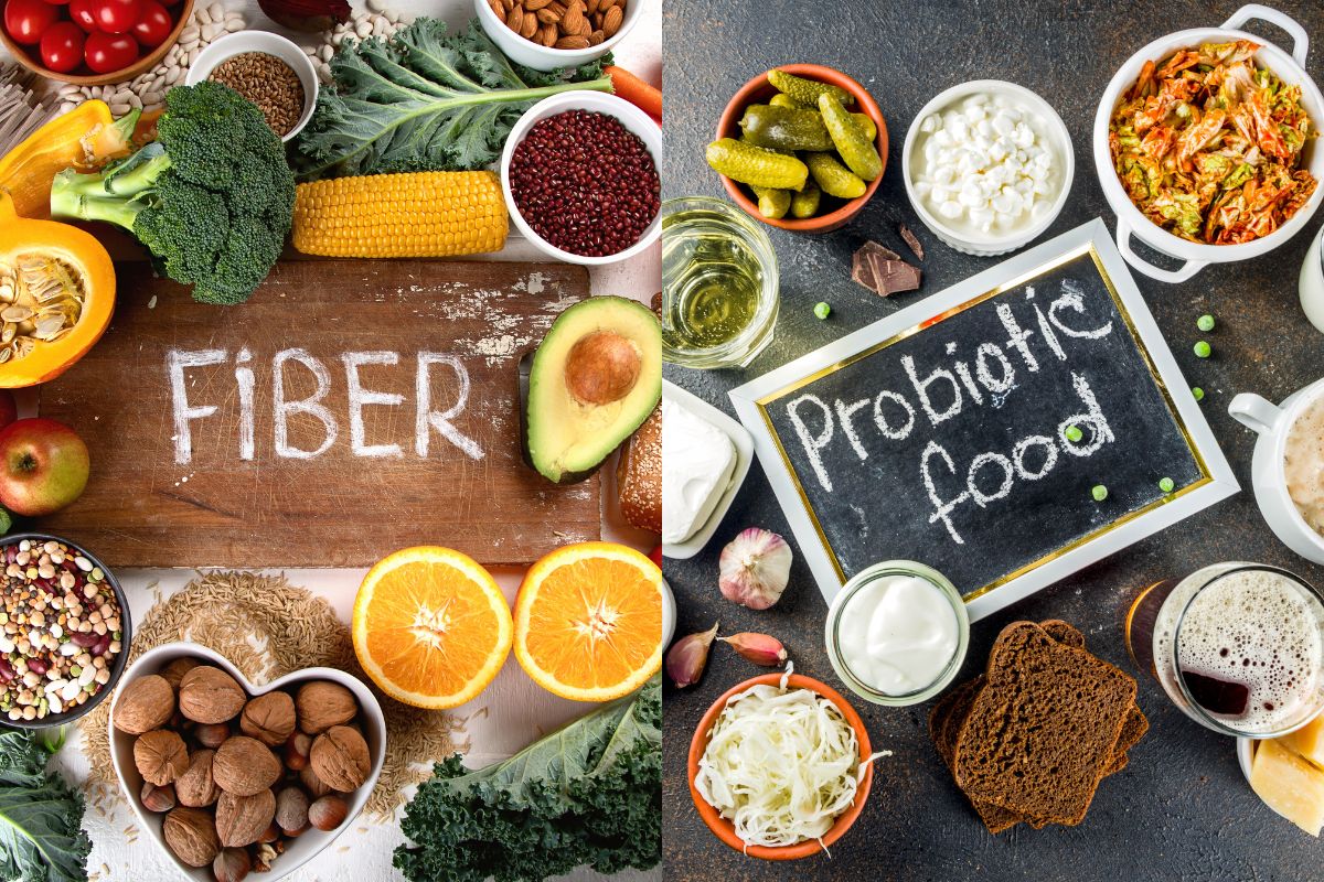 A side-by-side comparison of fiber and probiotic-rich foods.