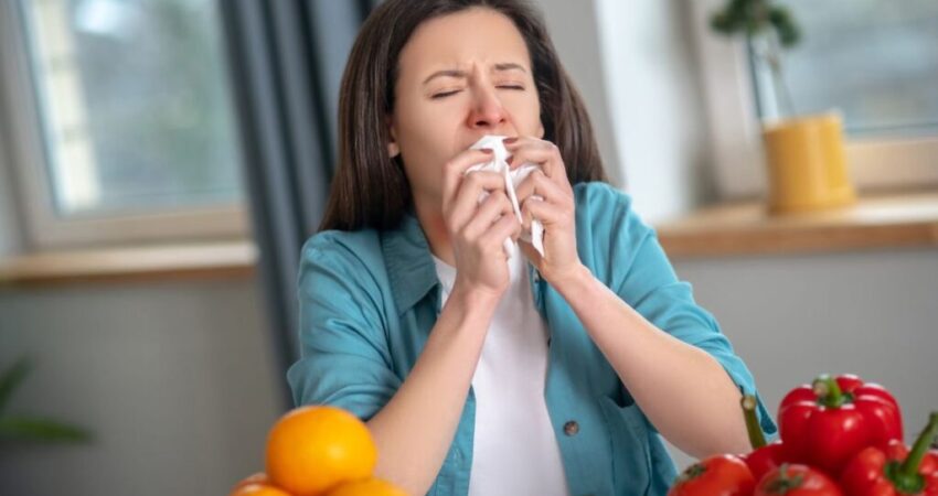 The woman with a runny nose while eating.