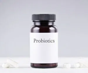 A bottle of probiotics supplement.