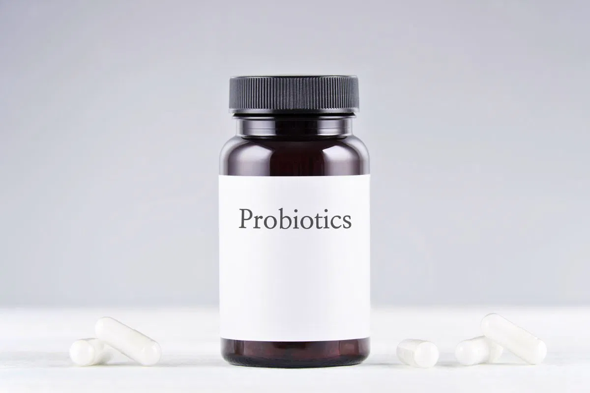 A bottle of probiotics supplement.