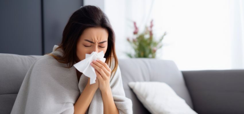 The woman is experiencing post-nasal drip due to seasonal allergies.