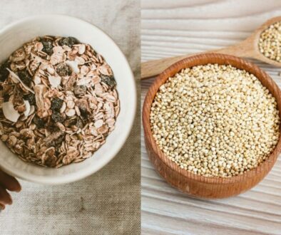 A person preparing a bowl of oats and quinoa.