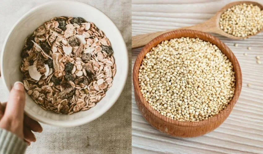 A person preparing a bowl of oats and quinoa.