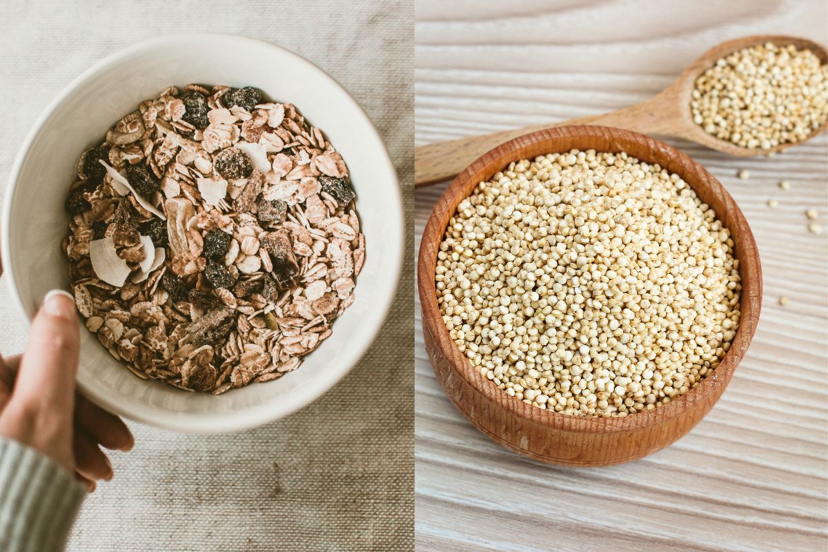 A person preparing a bowl of oats and quinoa.