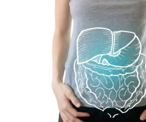 A graphic showing probiotics in the gut of a healthy person with gas.
