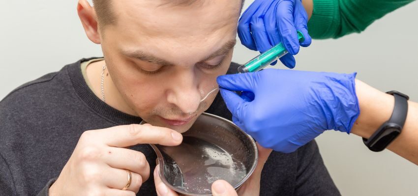 The doctor helps the man with sinus issues through saline nasal rinse.