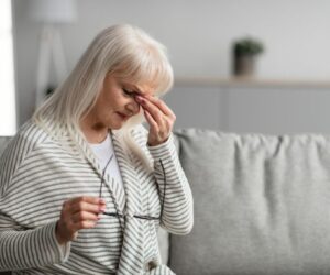 The aged woman feels a dry nose.