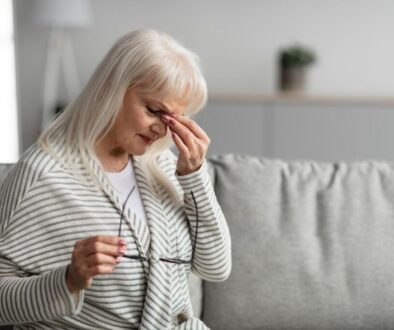 The aged woman feels a dry nose.