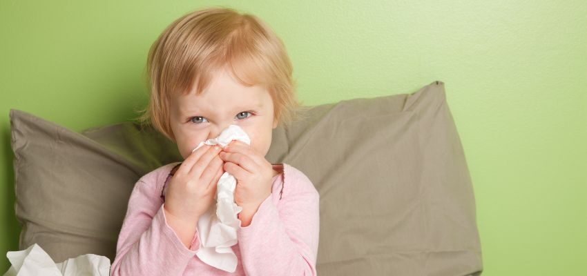 The child wipes clear and runny secretions from the nose due to the cold.