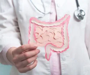 The doctor shows what a healthy gut looks like.