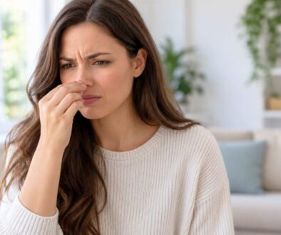 Woman pinching her nose in discomfort from a persistent bad smell in nose.