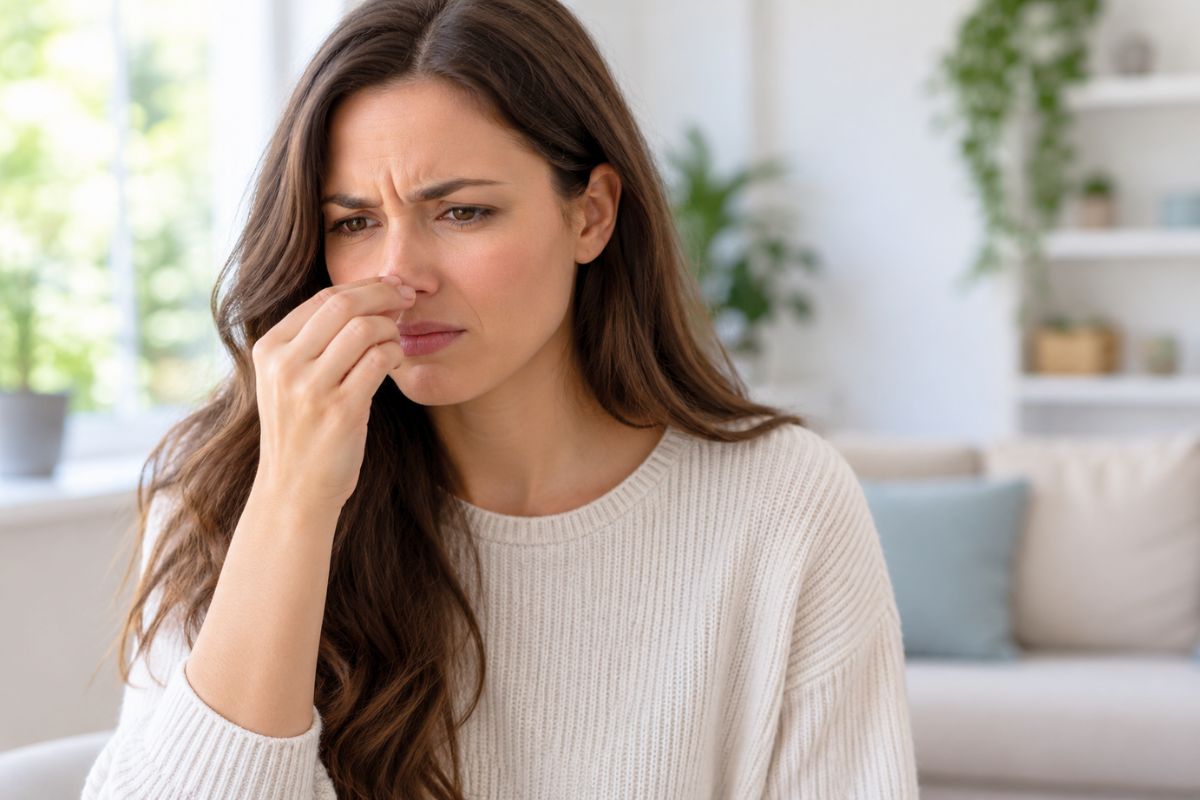 Woman pinching her nose in discomfort from a persistent bad smell in nose.