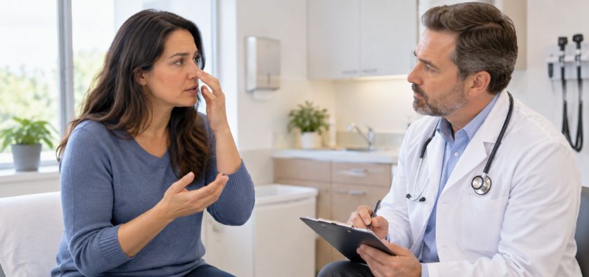 Patient discussing symptoms of a bad smell in nose with her doctor.
