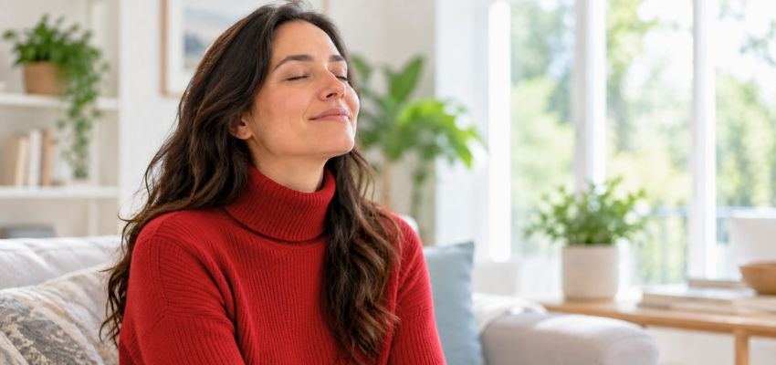 Woman looking relieved after finding relief from a bad smell in nose.