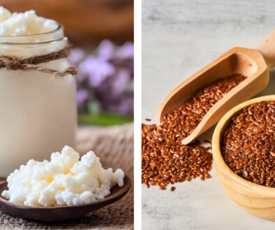 Glass pitcher and cup of kefir with kefir grains on a spoon, highlighting a fresh kefir and flaxseed combination against a blue backdrop.