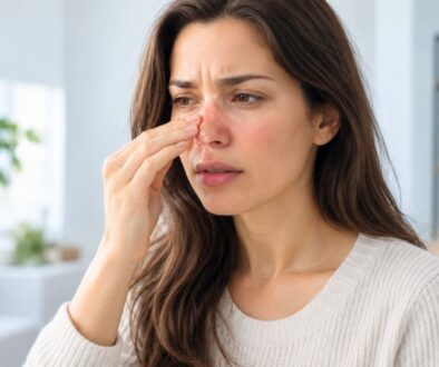 Woman pinching her nose in discomfort when her nose feels like inhaled water.