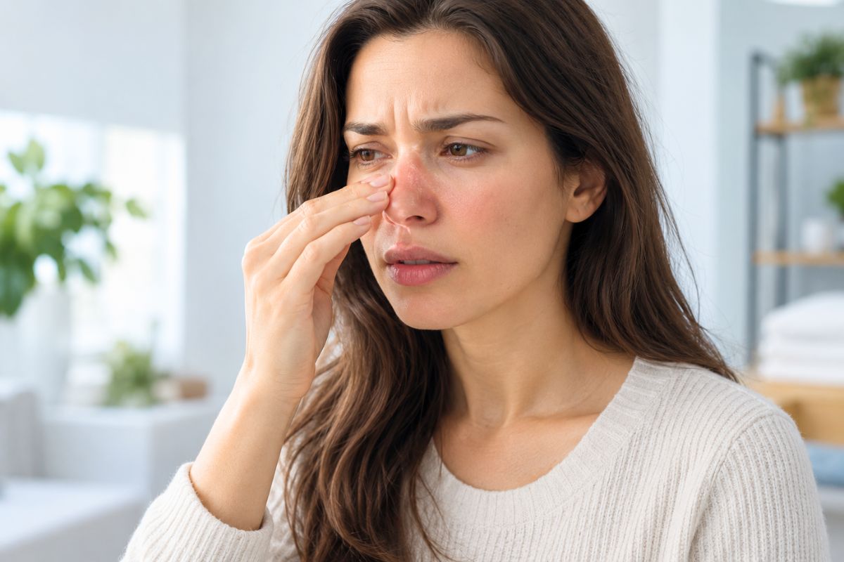 Woman pinching her nose in discomfort when her nose feels like inhaled water.