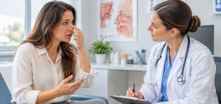 Patient explaining to a doctor that her nose feels like inhaled water.