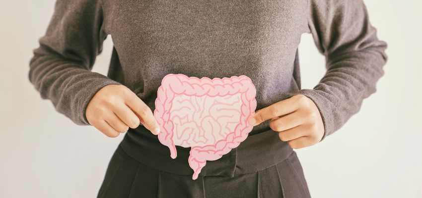 gut-healing-supplements2 Woman pointing at an illustration of the digestive system, emphasizing the role of gut healing supplements in promoting intestinal health.