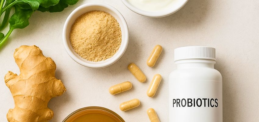 gut-healing-supplements3 Flat lay of probiotics, ginger, and natural ingredients used in gut healing supplements for digestive wellness.