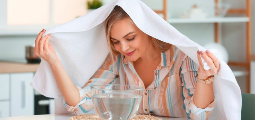 Sinuses burning: woman performing steam inhalation with towel over head and bowl of hot water for instant relief from painful sinus inflammation
