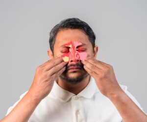Sinuses burning: man pressing fingers on sinus points around nose and eyes with illustrated inflamed sinus overlay showing intense pressure and pain.