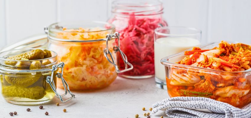Glass jars of kimchi, sauerkraut, pickles, and milk shown as gut-friendly foods in contrast to worst foods for gut health
