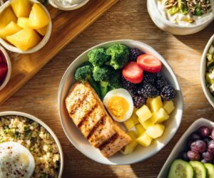 A colorful plate features grilled salmon, boiled egg, broccoli, berries, and fresh fruits alongside quinoa and salads as IBS friendly foods.