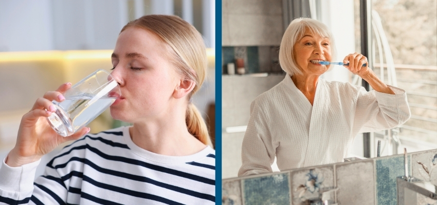 Two women maintain good oral hygiene to prevent bad breath.