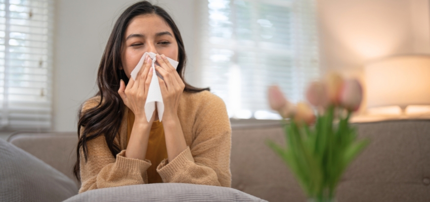 Woman blowing her nose on the couch, dealing with daytime symptoms that often worsen into nasal congestion at night.