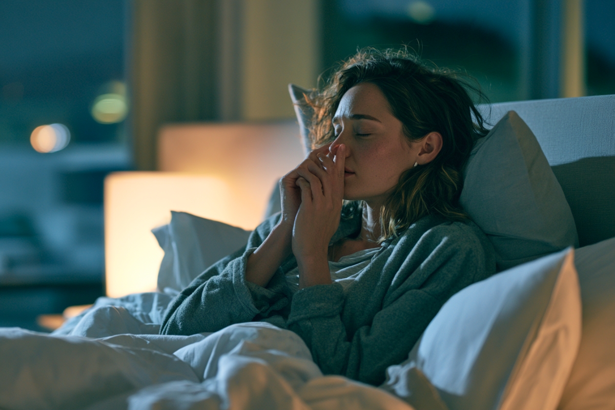 Woman in bed holding her nose, struggling with nasal congestion at night.