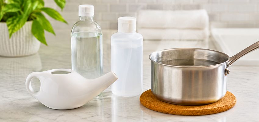 Neti pot and saline supplies prepared for safe use when asking how often can you use a neti pot.
