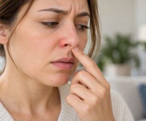Woman examining her red, irritated nose while experiencing nasal vestibulitis symptoms.