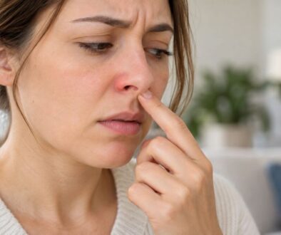 Woman examining her red, irritated nose while experiencing nasal vestibulitis symptoms.