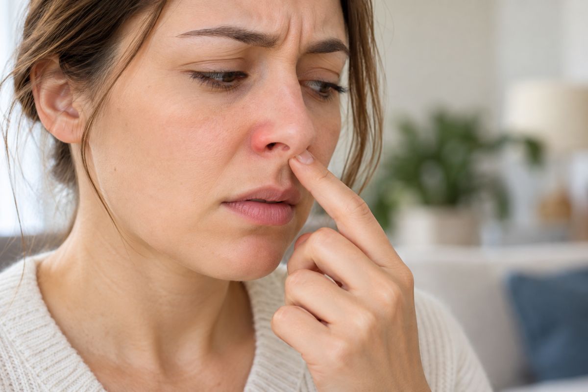 Woman examining her red, irritated nose while experiencing nasal vestibulitis symptoms.