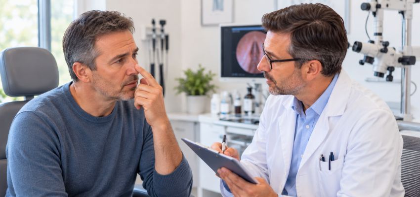 Patient discussing nasal vestibulitis symptoms with an ENT doctor during a consultation.