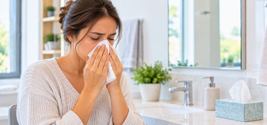 Woman blowing her nose in discomfort from common nasal vestibulitis symptoms.